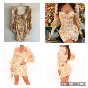 NWT Fashion Jillian Printed Mini Bodycon Dress with Ruched Bishop Sleeves